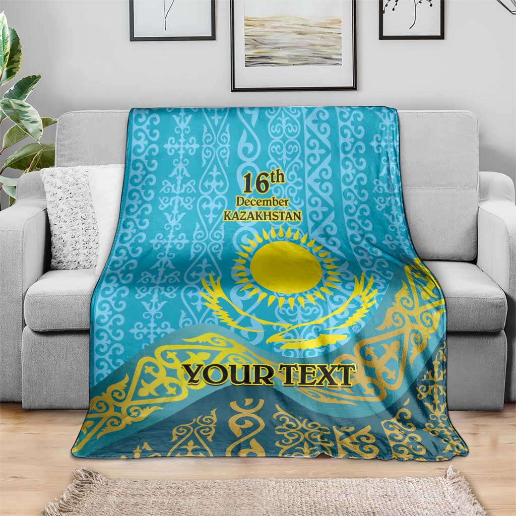 Blue personalized throw blanket with Kazakh sun and eagle design, 16th December Kazakhstan
