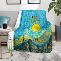 Blue personalized throw blanket on sofa, Kazakh pattern with 16th December and YOUR TEXT