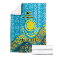 Blue personalized blanket set with folded white towels, Kazakh 16th December and YOUR TEXT