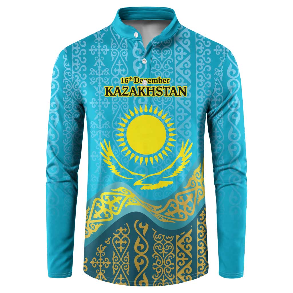 Blue button sweatshirt with Kazakh pattern, Kazakhstan logo, and 16th December text, front