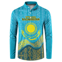 Blue button sweatshirt with Kazakh pattern, Kazakhstan logo, and 16th December text, front