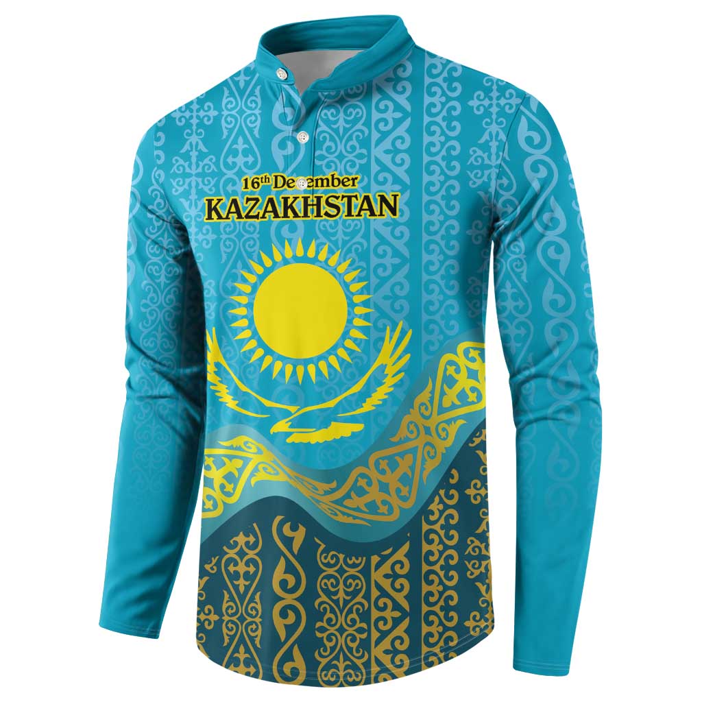 Blue button sweatshirt with ornate Kazakh pattern, Kazakhstan text, and 16th December