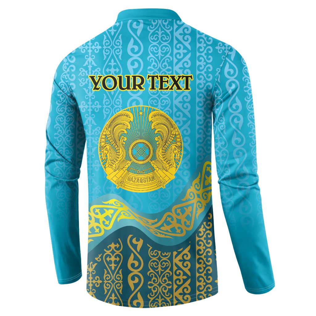 Blue button sweatshirt back with 'YOUR TEXT' and Kazakhstan emblem under ornate pattern