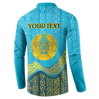 Blue button sweatshirt back with 'YOUR TEXT' and Kazakhstan emblem under ornate pattern