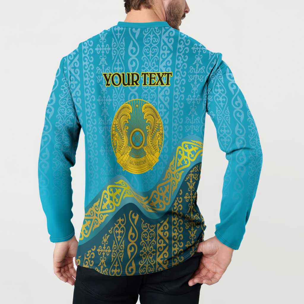 Blue button sweatshirt back with 'YOUR TEXT' and large Kazakhstan emblem, ornate print