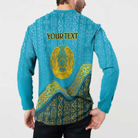 Blue button sweatshirt back with 'YOUR TEXT' and large Kazakhstan emblem, ornate print