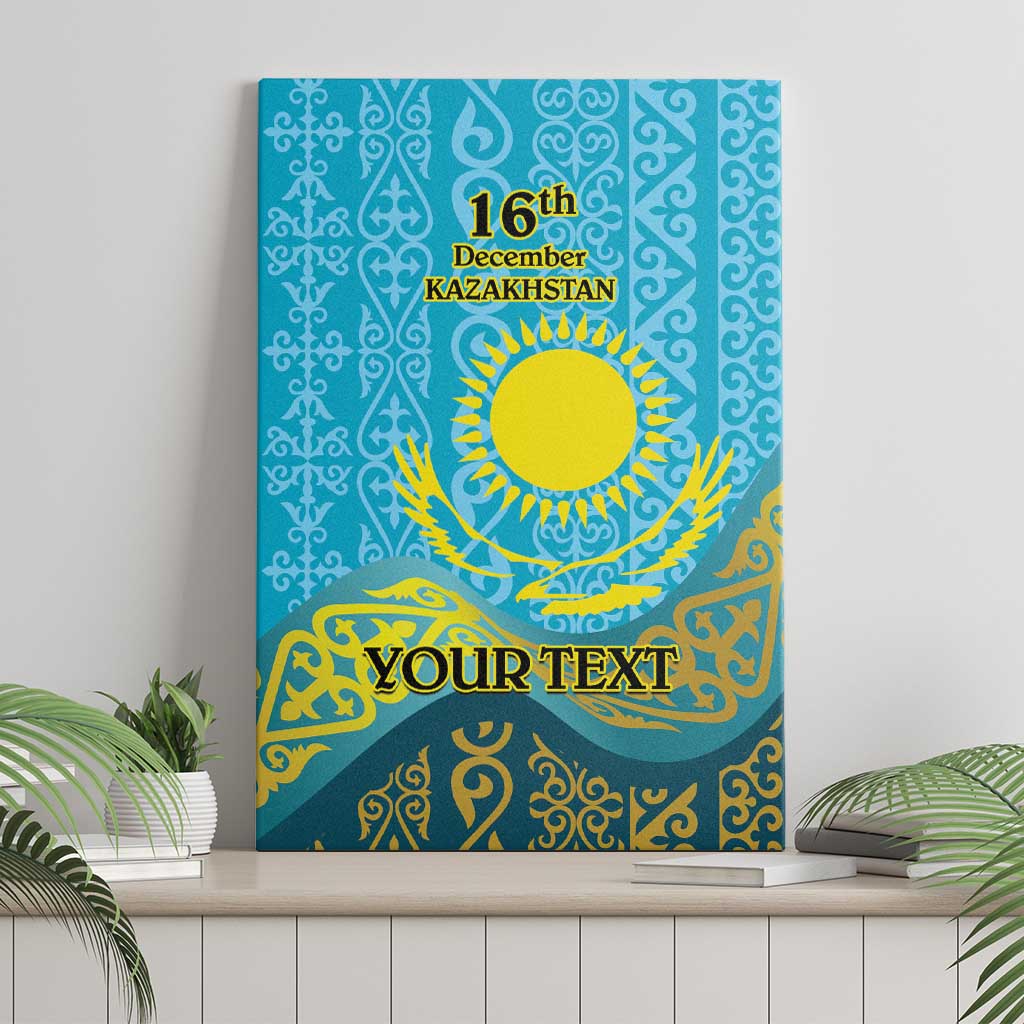 Personalized canvas wall art, blue and gold Kazakh pattern with sun, 16th Dec Kazakhstan, YOUR TEXT