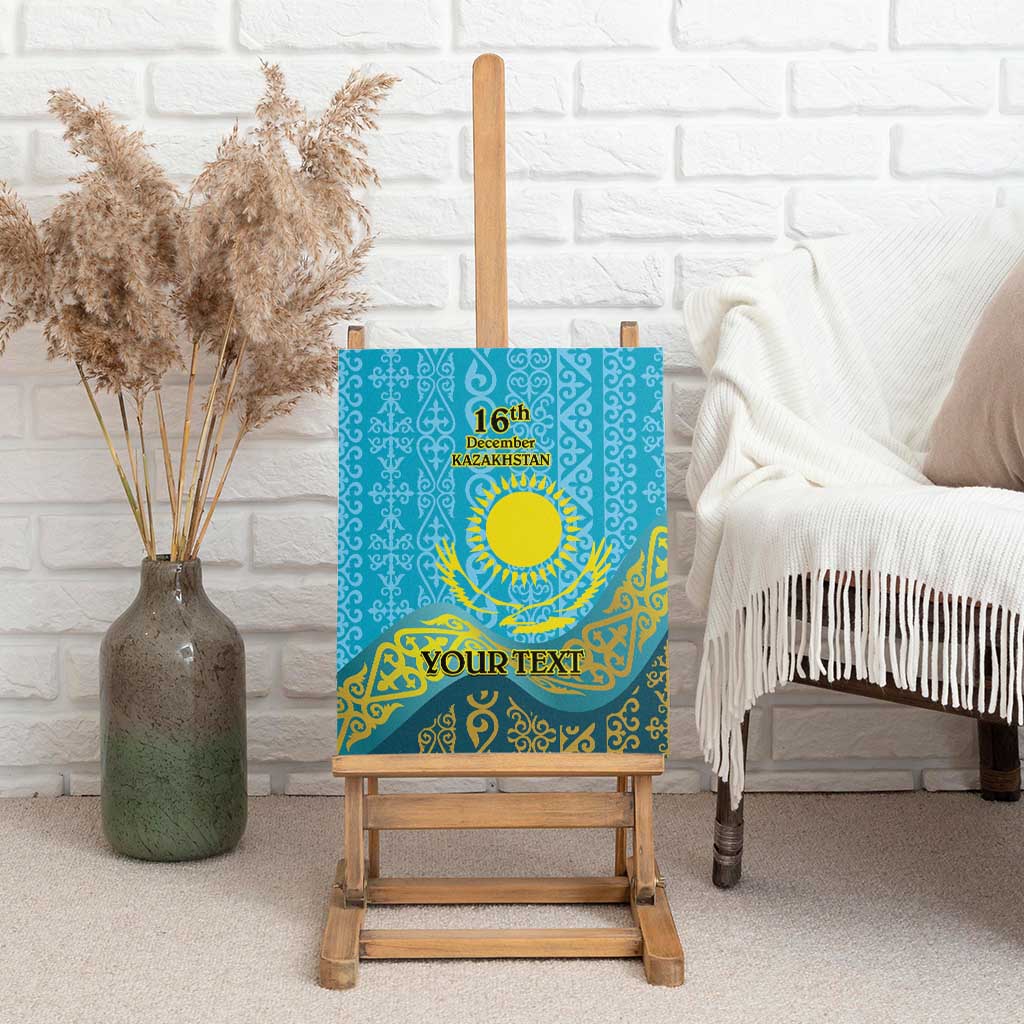 Personalized canvas wall art on easel, blue with gold Kazakh pattern, sun, 16th Dec, YOUR TEXT