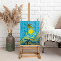 Personalized canvas wall art on easel, blue with gold Kazakh pattern, sun, 16th Dec, YOUR TEXT