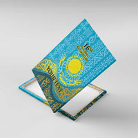 Personalized canvas wall art, blue with gold Kazakh pattern, sun, 16th Dec, YOUR TEXT