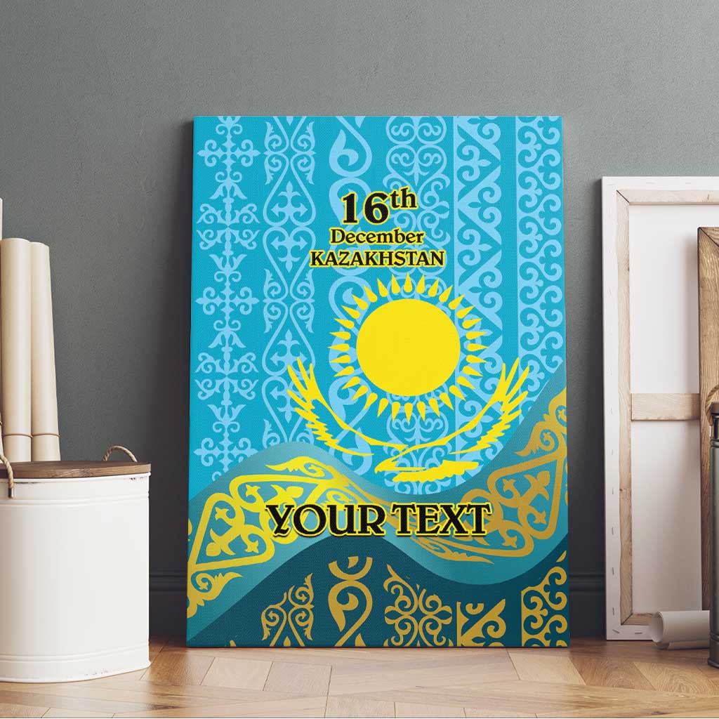 Personalized canvas wall art on wood surface, blue and gold Kazakh pattern, sun, 16th Dec, YOUR TEXT