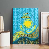 Personalized canvas wall art on wood surface, blue and gold Kazakh pattern, sun, 16th Dec, YOUR TEXT