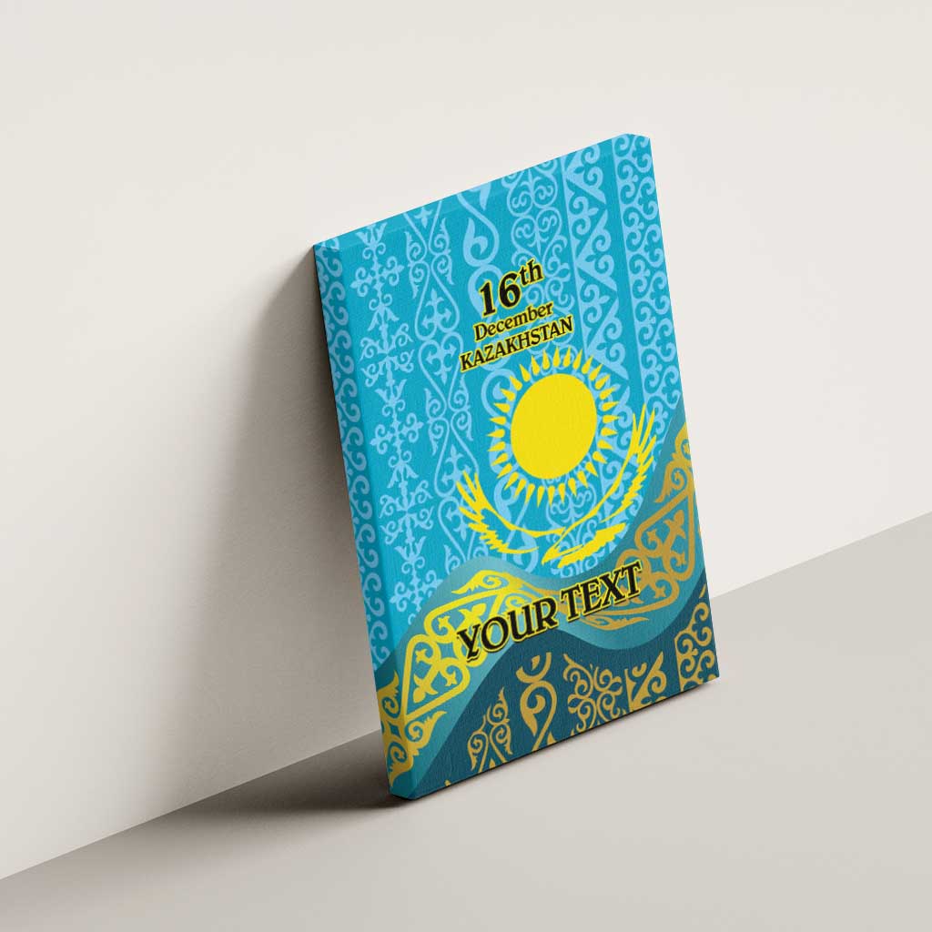 Personalized canvas wall art, blue with gold Kazakh pattern, sun emblem, 16th Dec Kazakhstan, YOUR TEXT