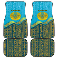 Blue car floor mat set with gold Kazakh crest pattern and YOURTEXT personalization