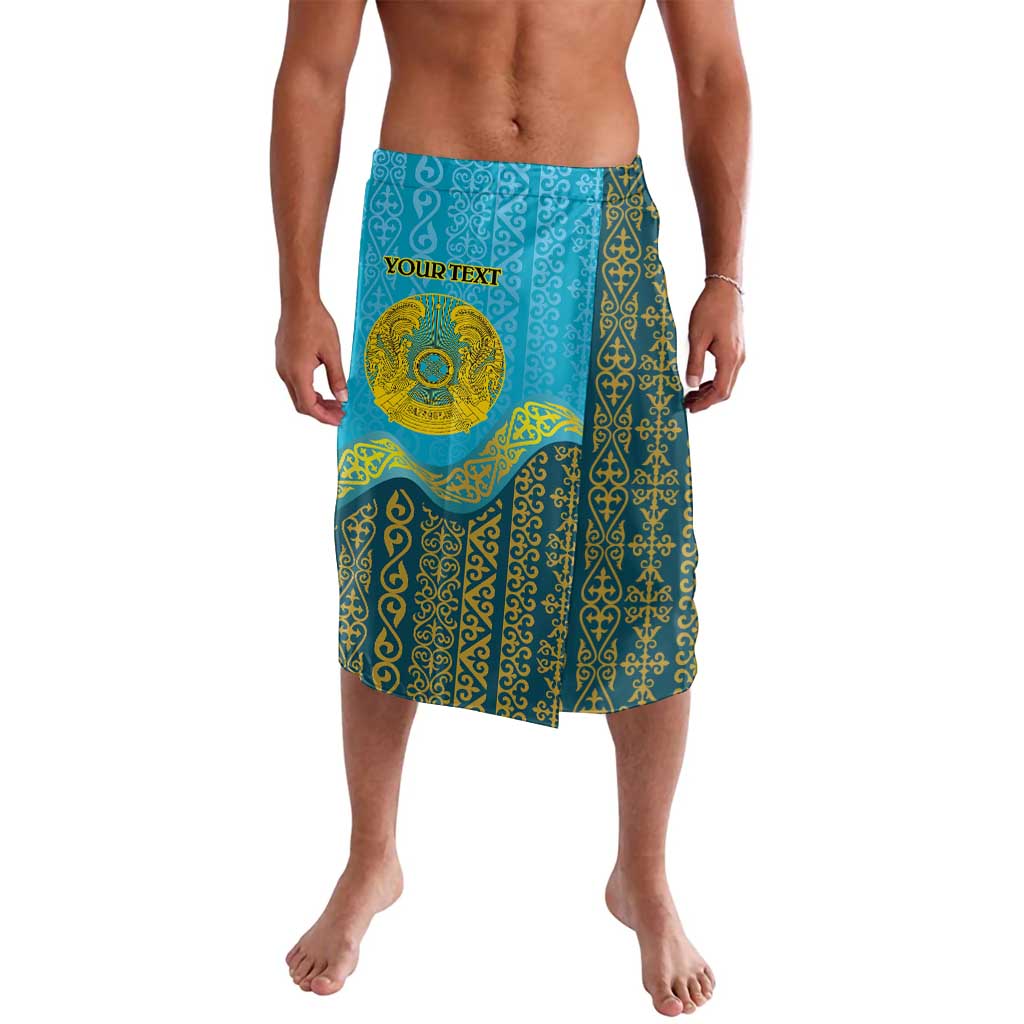 Blue patterned sarong with gold emblem and personalized text panel, knee-length.