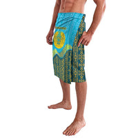 Blue sarong with gold emblem, green accents, and personalized text, angled side view.