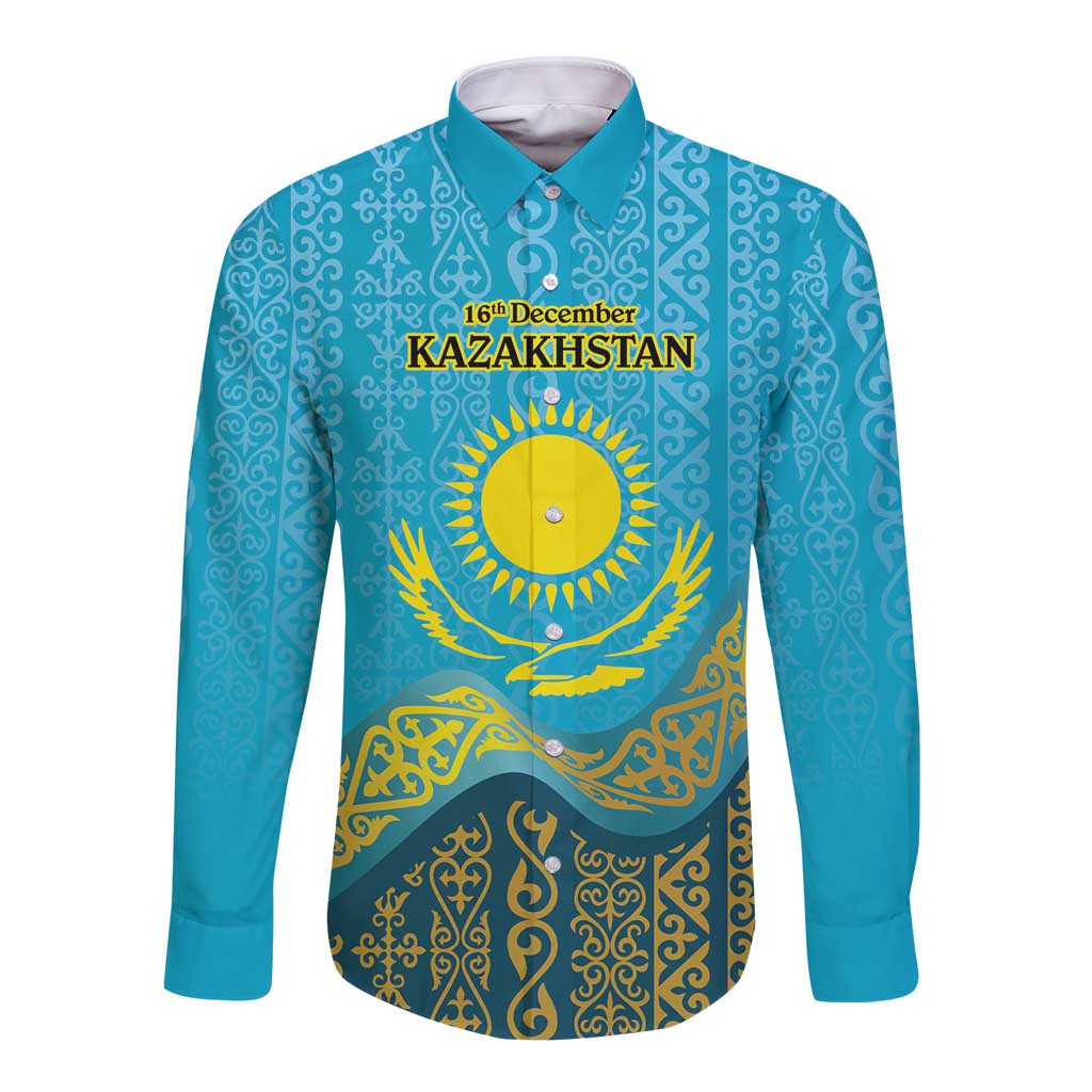 Blue long sleeve button shirt with Kazakh swirl pattern and 16th December KAZAKHSTAN print