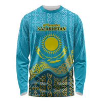 Blue long sleeve shirt with gold Kazakh pattern and front text 'KAZAKHSTAN'