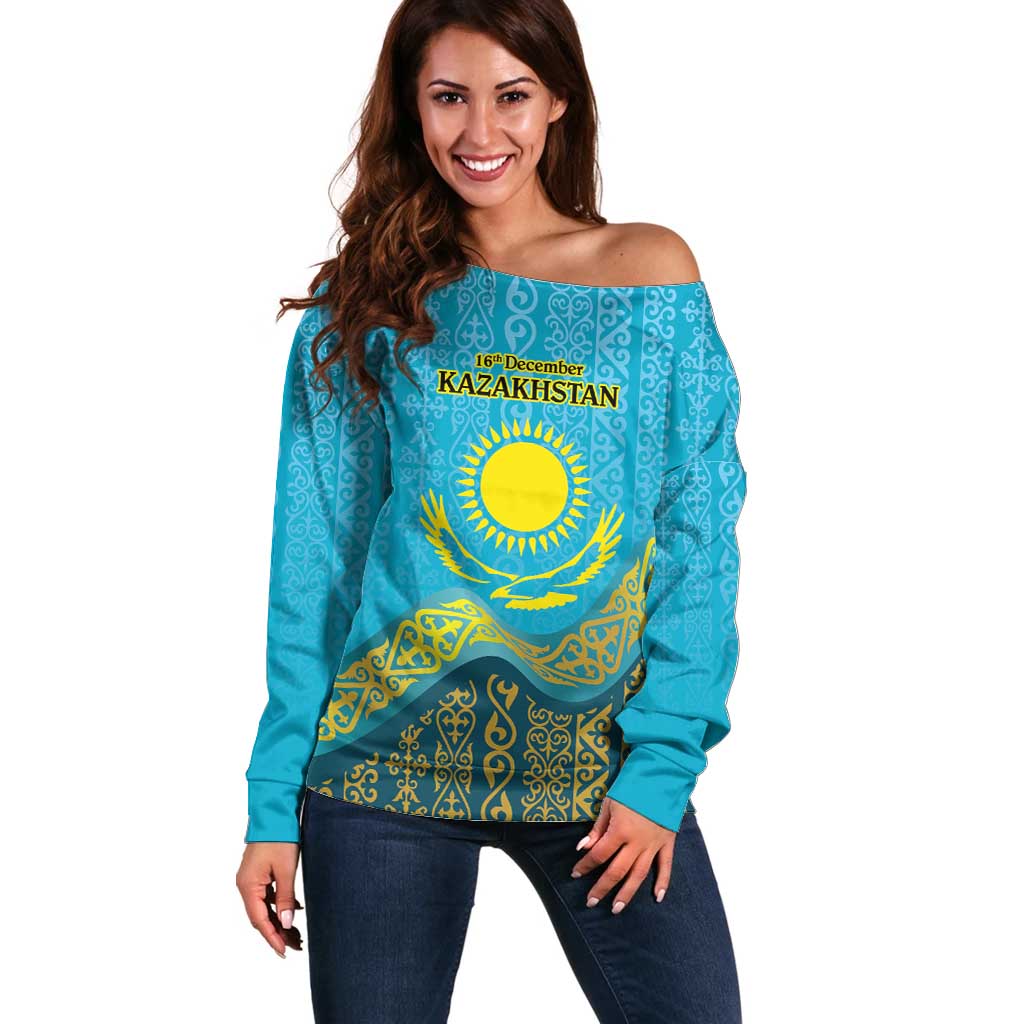 Kazakhstan Independence Day Personalized Off Shoulder Sweater 16 December with Kazakh Pattern