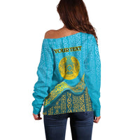Blue off-shoulder sweater back view with repeating pattern and YOUR TEXT placeholder
