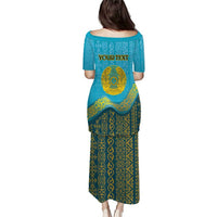 Long blue dress back view with green and yellow Kazakh pattern, YOUR TEXT