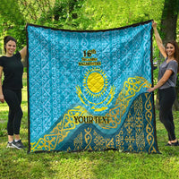 Blue and yellow Kazakhstan-themed quilt with “16th December” and “YOUR TEXT”