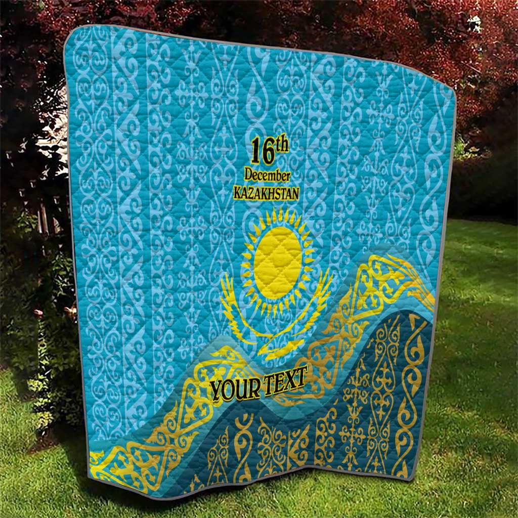 Blue quilt featuring “16th December Kazakhstan” emblem and yellow pattern with “YOUR TEXT”