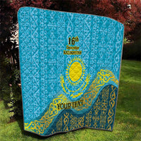 Blue quilt featuring “16th December Kazakhstan” emblem and yellow pattern with “YOUR TEXT”
