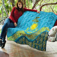 Blue quilt held up outdoors with yellow Kazakh emblem, “16th December Kazakhstan,” “YOUR TEXT”