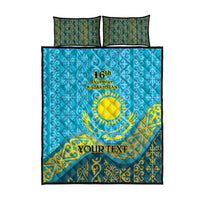 Blue personalized quilt bed set with Kazakh pattern, sun emblem, date and Kazakhstan text