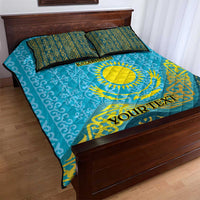 Blue personalized quilt bed set with Kazakh ornamental design, sun emblem, two pillowcases