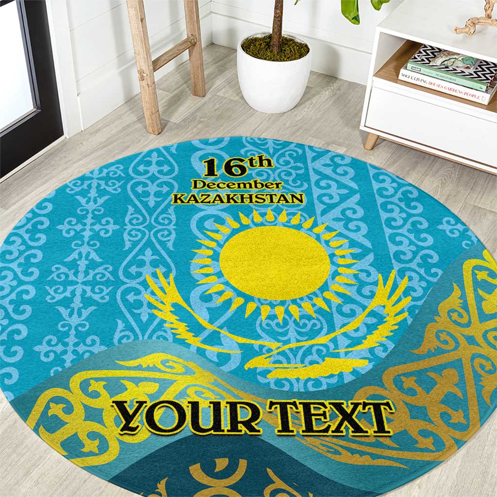 Round blue patterned carpet with yellow sun, '16th December Kazakhstan' and custom 'Your Text'