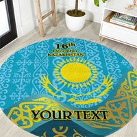 Round blue patterned carpet with yellow sun, '16th December Kazakhstan' and custom 'Your Text'