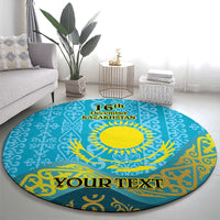 Round blue decorative carpet with yellow sun, '16th December Kazakhstan' and 'Your Text'
