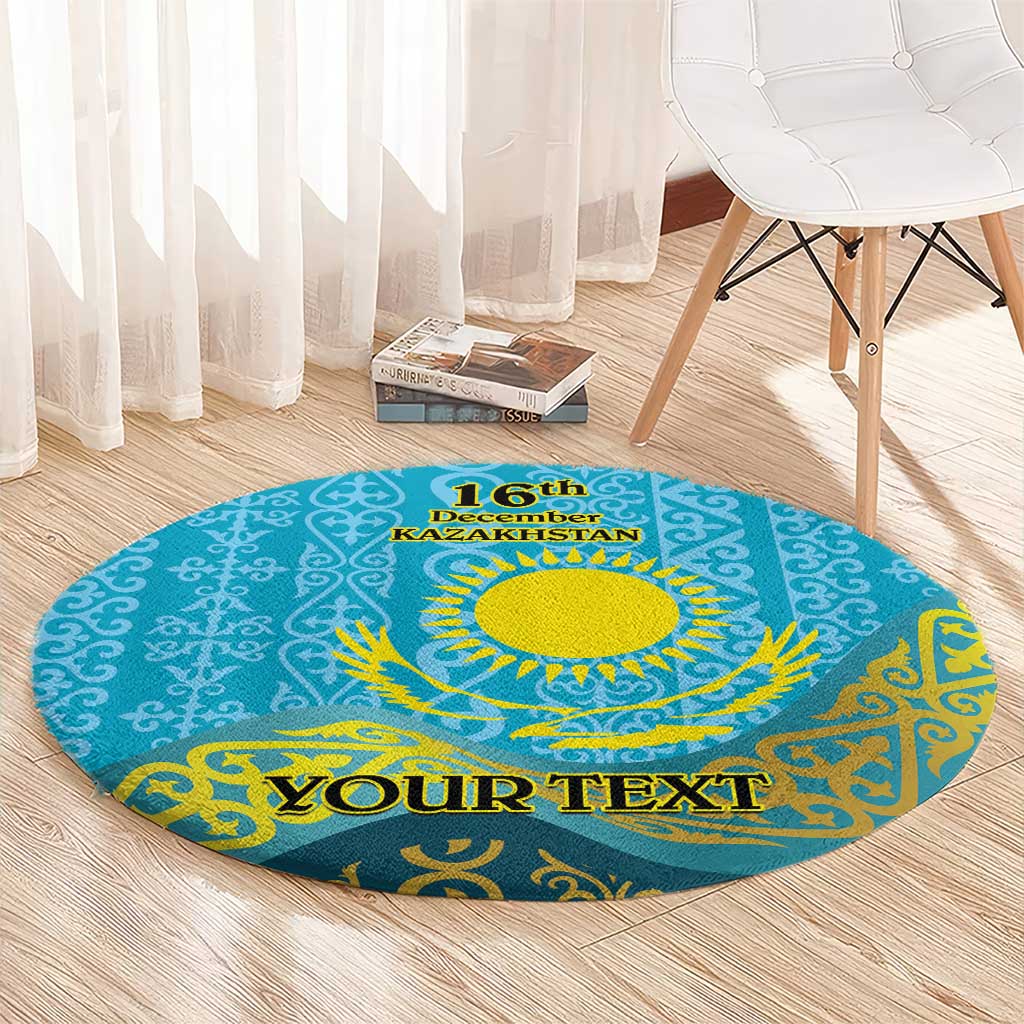 Round blue circular carpet with yellow sunburst, '16th December Kazakhstan' and 'Your Text'
