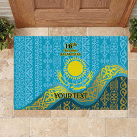 Blue personalized rubber doormat with Kazakh pattern, '16th December Kazakhstan' and YourText