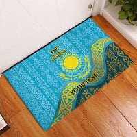 Blue rubber doormat with Kazakh motifs, '16th December Kazakhstan' and YourText
