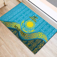 Blue rubber doormat with Kazakh ornament pattern, sun emblem, '16th December Kazakhstan' and YourText