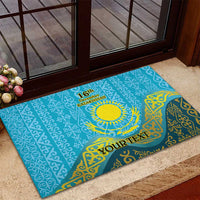 Blue rubber doormat on porch step with Kazakh pattern, '16th December Kazakhstan' and YourText