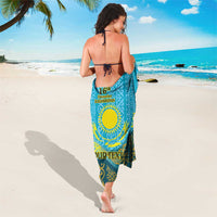 Personalized blue sarong with Kazakh emblem, '16th December KAZAKHSTAN' and 'YOUR TEXT'