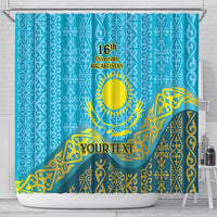 Blue shower curtain with Kazakhstan sun emblem, gold banner, and decorative swirl pattern.