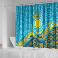 Blue shower curtain with Kazakhstan sun and gold decorative band, plus centered text area.