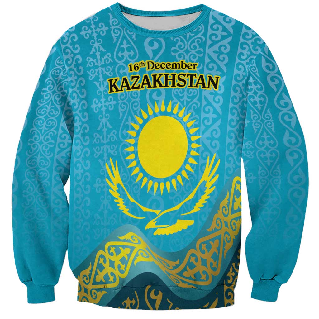 Blue unisex sweatshirt with round neck, long sleeves, gold Kazakh sun and eagle print