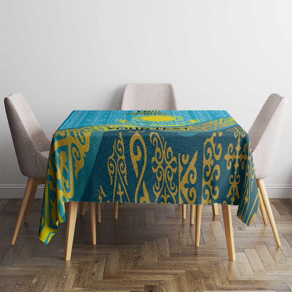 Teal-blue tablecloth with gold swirl ornament pattern over square dining table
