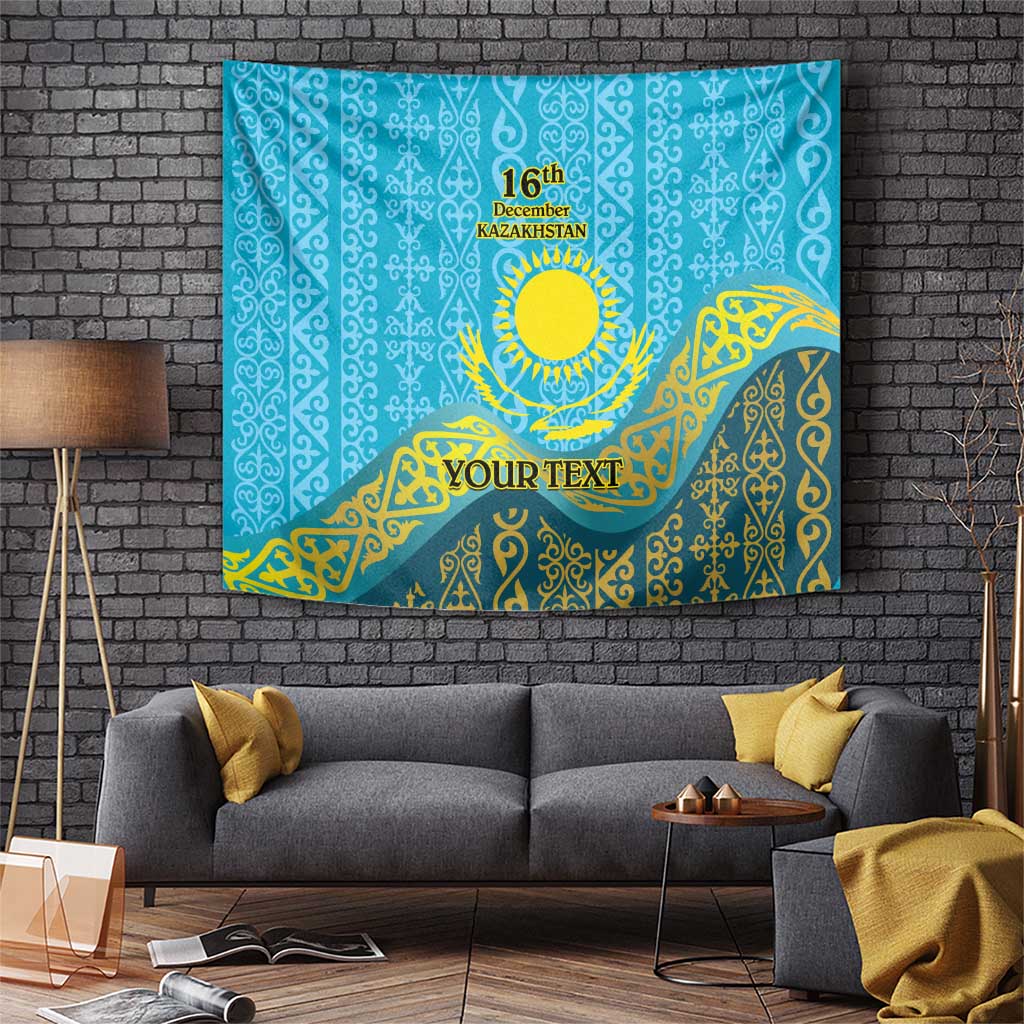 Blue tapestry with gold Kazakh pattern, sun emblem, '16th December' and 'YOUR TEXT'.