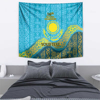 Blue rectangular tapestry with gold Kazakh pattern, sun emblem, '16th December' and 'YOUR TEXT'.