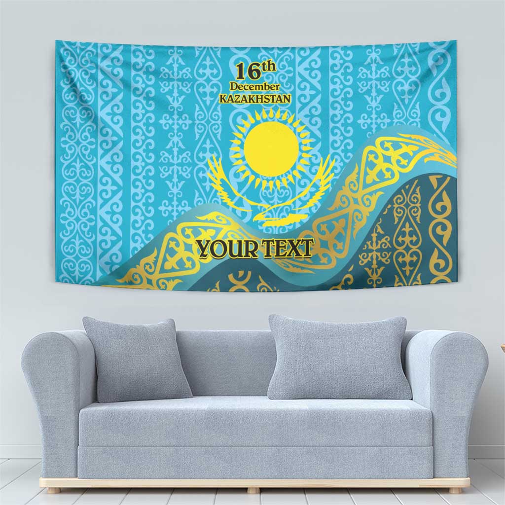 Blue rectangular tapestry with gold Kazakh pattern, sun emblem, '16th December' and 'YOUR TEXT'.
