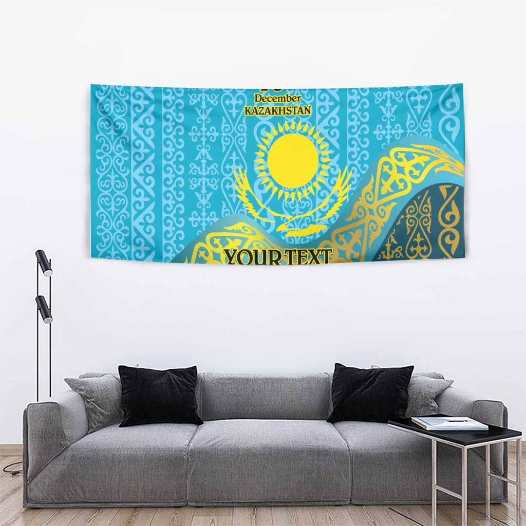 Blue tapestry with gold Kazakh pattern and sun emblem, '16th December' plus 'YOUR TEXT'.