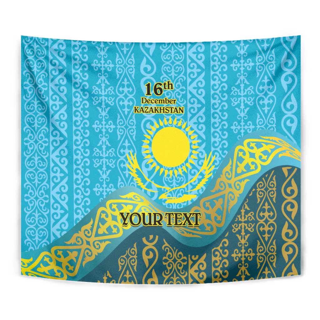 Blue tapestry close-up with gold Kazakh pattern, sun emblem, '16th December' and 'YOUR TEXT'.