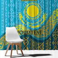 Blue and gold curtain with large central sun emblem and ornate border pattern